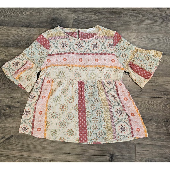 Chic Soul Floral Blouse 2XL Bohemian Peasant Ruffle Sleeve USA Made Patchwork - Picture 1 of 10